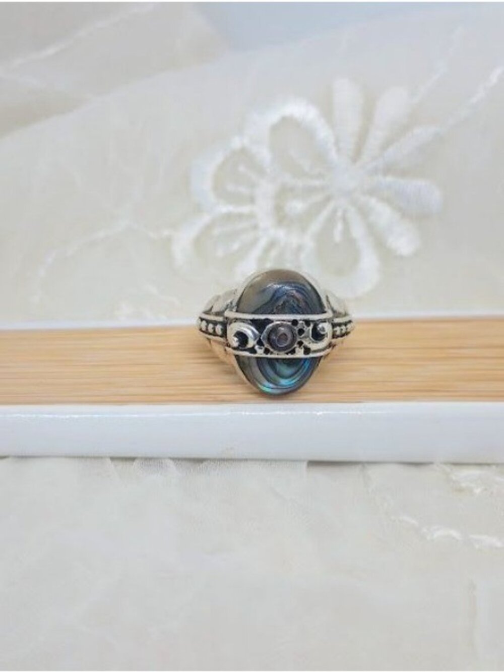 Dual Abalone Shell Stones & Filigree Design Sterling Silver Ring Boho/Native - Picture 2 of 11